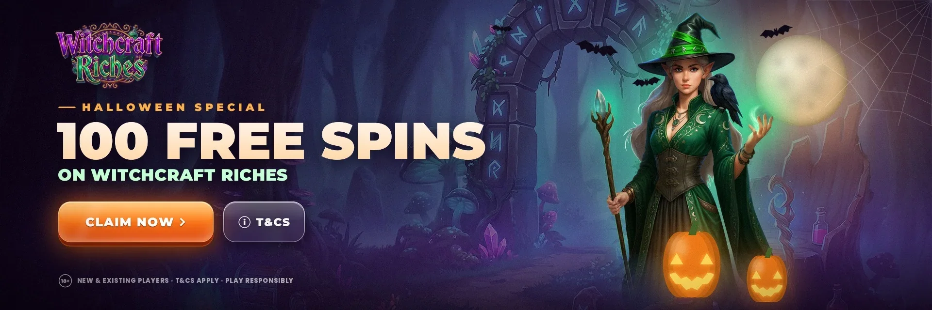 Halloween casino campaign banner, desktop hero at 1920x640