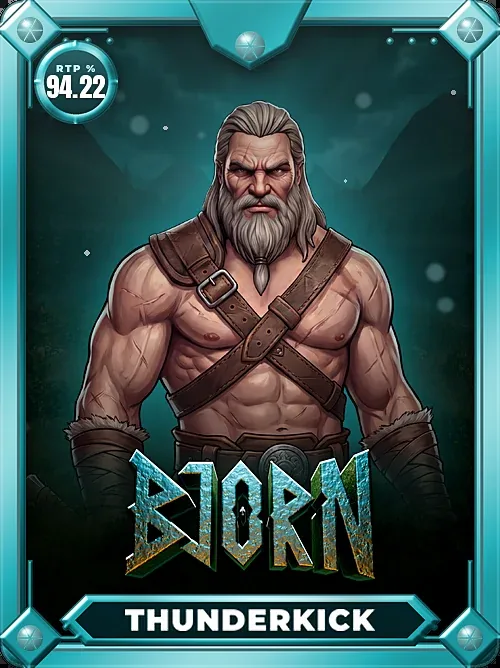 프로바이더 플레이트와 RTP 메달리온을 갖춘 브랜드 컬러 프레임의 Bjorn 게임 카드