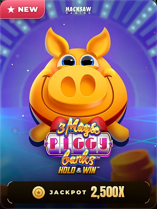 3 Magic Piggy Banks casino thumbnail, jackpot sticker layout