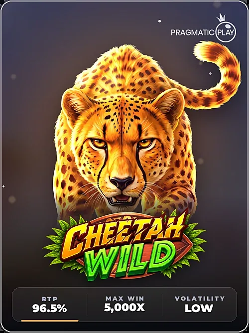 Cheetah Wild tile with stats panel showing RTP, max win and volatility