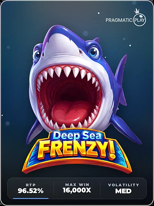 Deep Sea Frenzy slot thumbnail, stats panel layout showing RTP, max win and volatility
