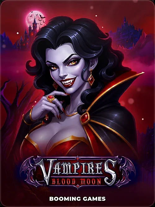 Vampires Blood Moon スロットのサムネイル。バナーのキーアート参考に使うロゴ上ヒーロー配置