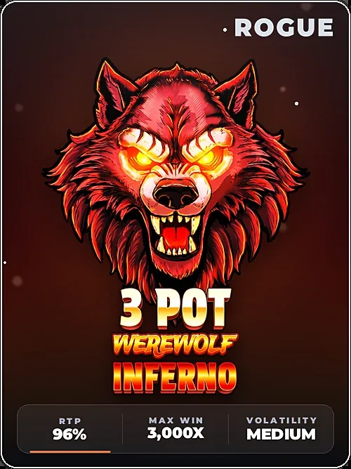 3 Pot Werewolf Inferno tile with a stats panel showing RTP, max win and volatility